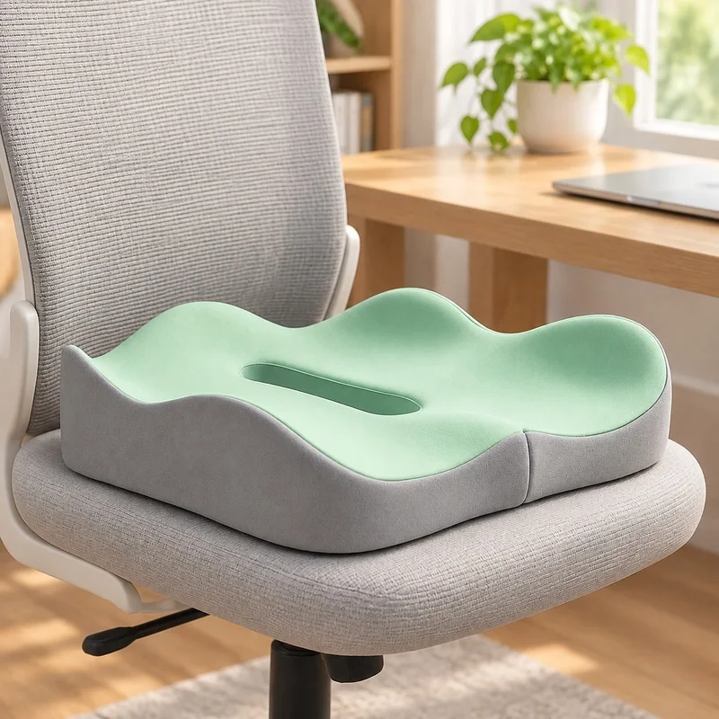 Light Green and Grey 3D Memory Foam Cushion with Washable Polyester Case for Office and Car Seating Comfort