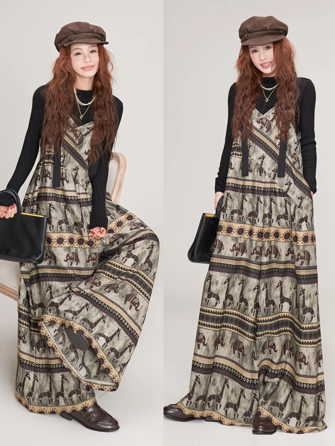 

Оригинальные женские широкие брюки MZ Retro Lazy Ethnic с V-образным вырезом и бретелями, весна-лето, с принтом зебры и слона, с высокой талией, длинные