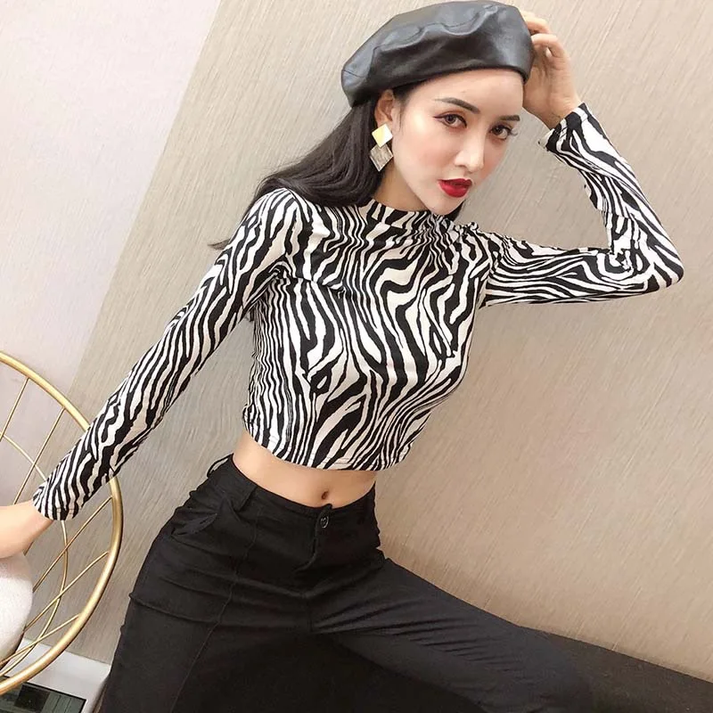 Women's Leopard Zebra Print Turtleneck Slim Long Sleeve Crop Top Spring Autumn