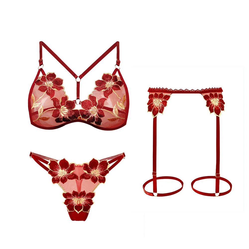 

Passionate Seductive Sexy Underwear Garter Belt Mesh Transparent Erotic Lingerie Embroidered Three-piece Set Beach Vaction GN96