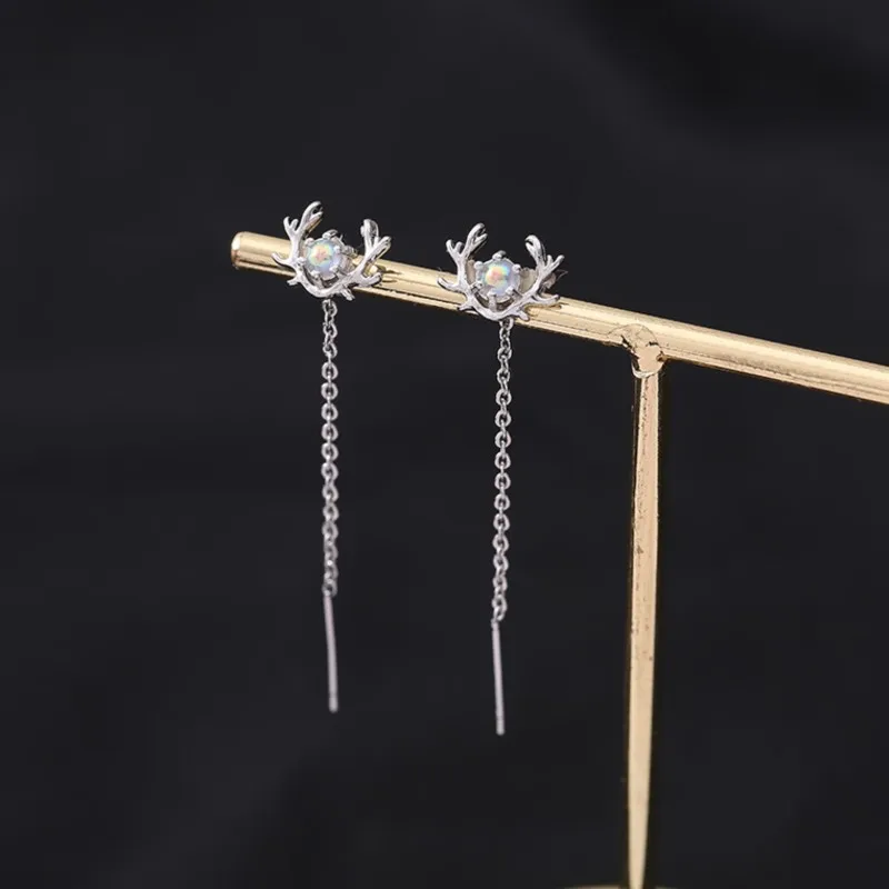Long Tassel Ear Line Threader Moonstone Elk Silver Color Drop Earrings For Women Glitter Aesthetic Luxury
