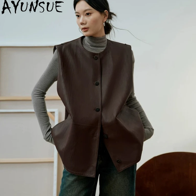 AYUNSUE Real Leather Vest for Women Natural Sheepskin Sleeveless Jacket Spring Autumn Clothes Loose Fit Jaqueta De Couro