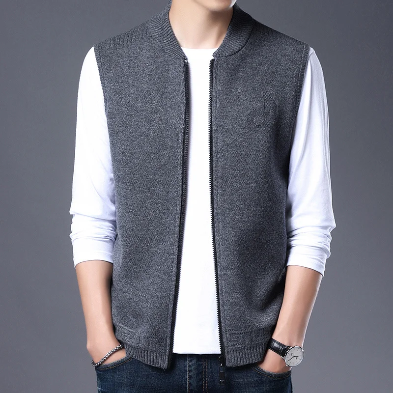 pure 100 wool winter cardigan vest men's round neck zipper sleeveless waistcoat knitted vest warm cashmere sweater