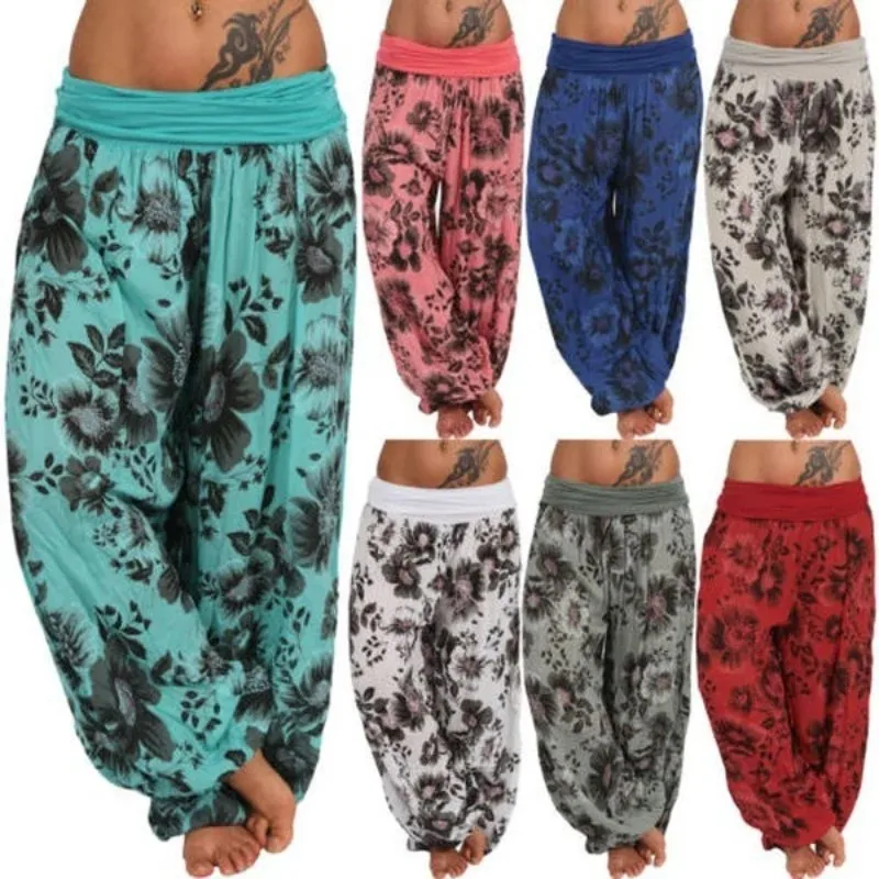 Women Boho Loose Pants Paisley Print High Waist Ankle Tied Harem Pants Baggy Long Bloomers Trousers Female Trousers Pantalones