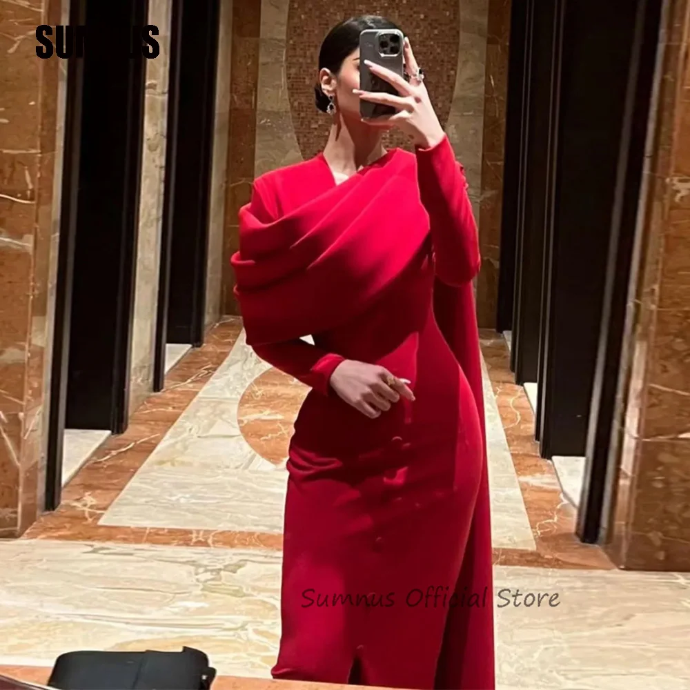 

SUMNUS High Neck Evening Dresses Elegant Mermaid Pleats Cape Long Sleeves Arabic Formal Prom Gowns vestido de noche Party Dress