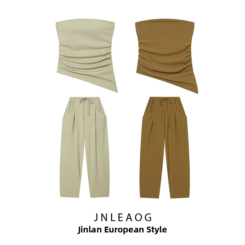 JNLEAOG Summer New Women's Fashion Texture Wrap Chest Style Top with Pocket Decorated Pants Long Pants European Style