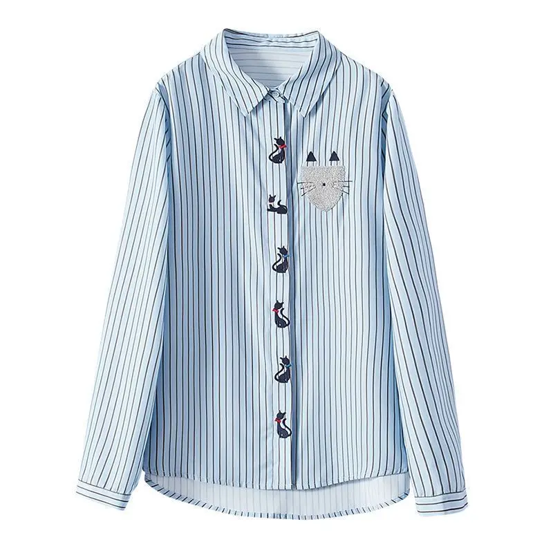

Stripe Embroidered Cat Shirt Fashion 2026 Spring Autumn Long Sleeve Shirt Female Elegant Korean Blouses Girls Sweet Casual Tops