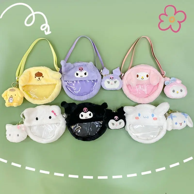 Sanrio Shoulder Bags Hello Kitty Cinnamoroll Plush Transparent Pvc Shoulder Bags Plush Bagpacks Kawaii Purse Woman Backpacks