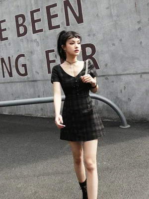 Ruibbit New Autumn Summer Preppy style Gothic Girls Sexy V Collar  Dress Grey Balck Plaid Women Mini Short Dresses