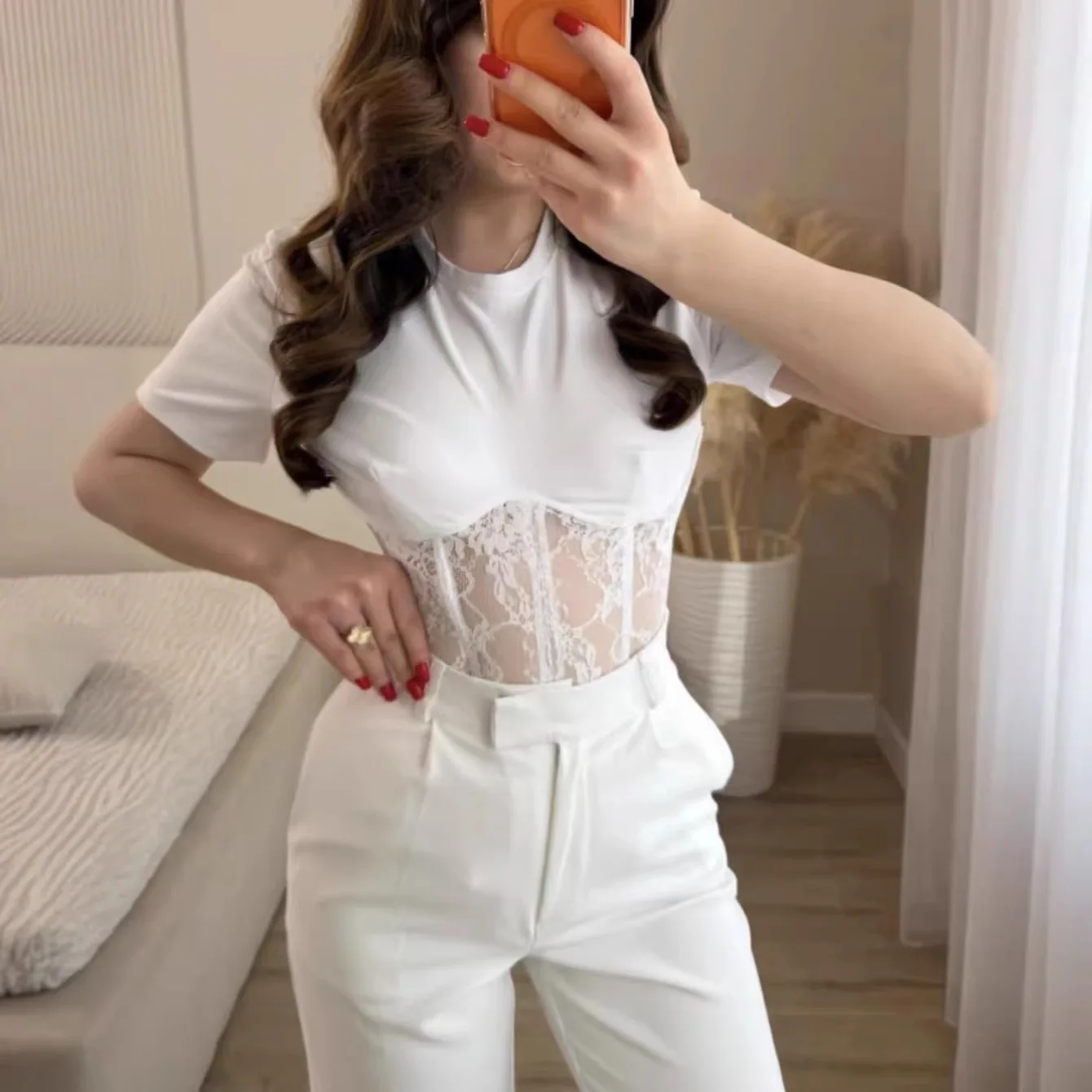 

Street Trendy Person Women's T Shirt Sexy Fishbone See Through Lace Patchwork Short Sleeves T Shirts Tops Trendy Hot Girl Tees