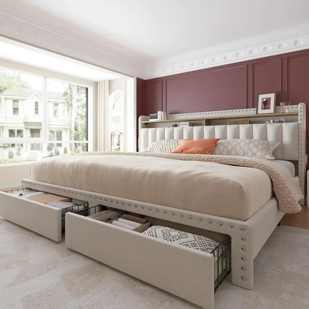 King Size Bed Frame with Storage and Headboard, Upholstered King Bed Frame with Storage, King Bed Frame with 2 Drawers