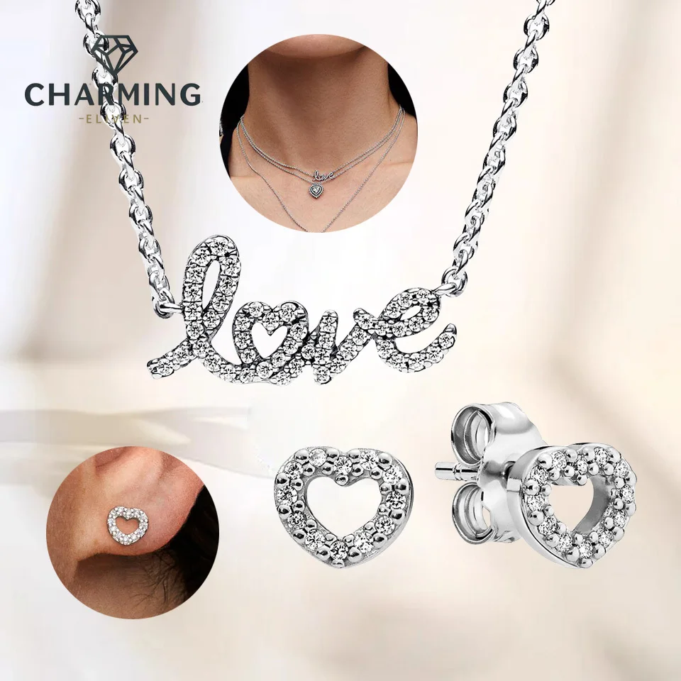 

CHARMING Jewelry Gift Set 925 Sterling Silver Heart Stud Earring & Sparkling Handwritten Love Collier Necklace Woman Jewelry Set