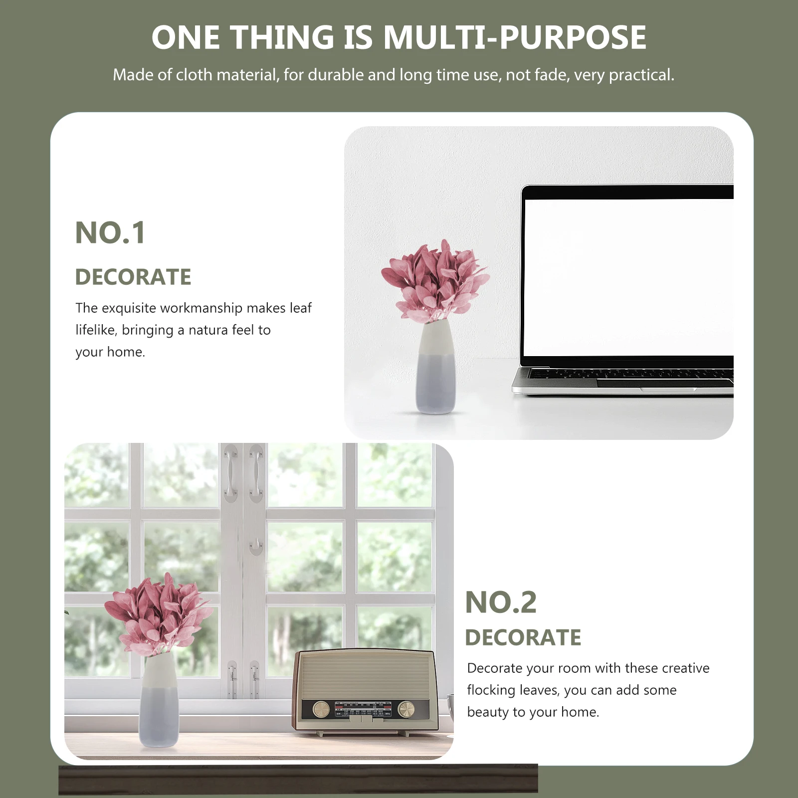 

5pcs Flocking Leaf Artificial Leaf Decoration Simulated Green Plant Home Decor Lightweight Compact Design Cozy Atmosphere Fake