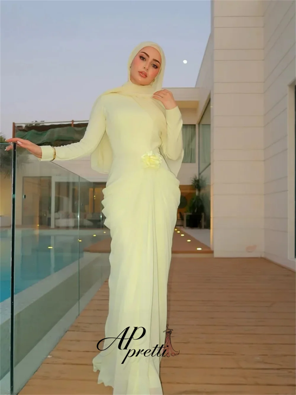 AP pretti Elegant Pale Yellow High Neck Long Sleeve Chiffon Evening Gown Dress 3D Floral Draped Mermaid Party Dress Customized