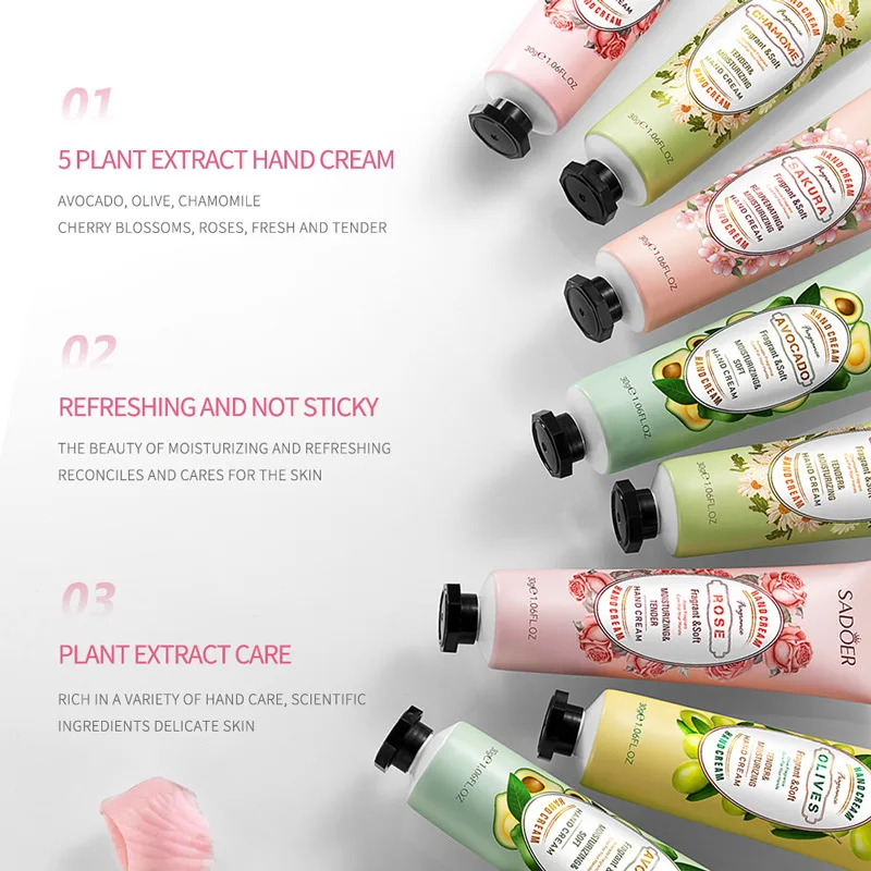 5pcs Sakura Olive Avocado Rose Chamomile Portable Soft Plant Extract Hand Cream Moisturising Smooth Flowers Fruits Flavor