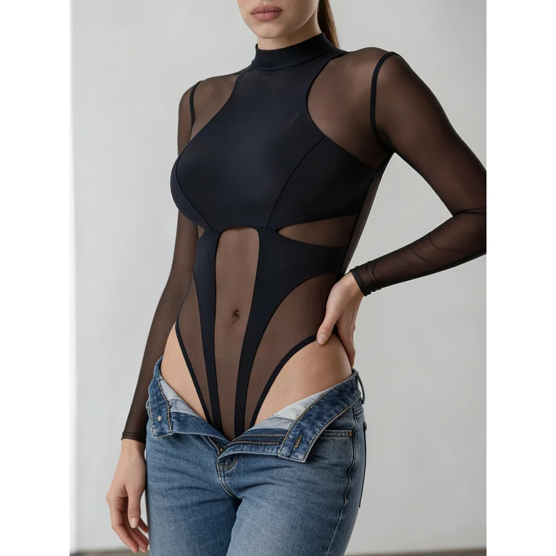 Women's Sheer Mesh Patchwork Bodysuit, Summer Party Backless Bodystocking Top