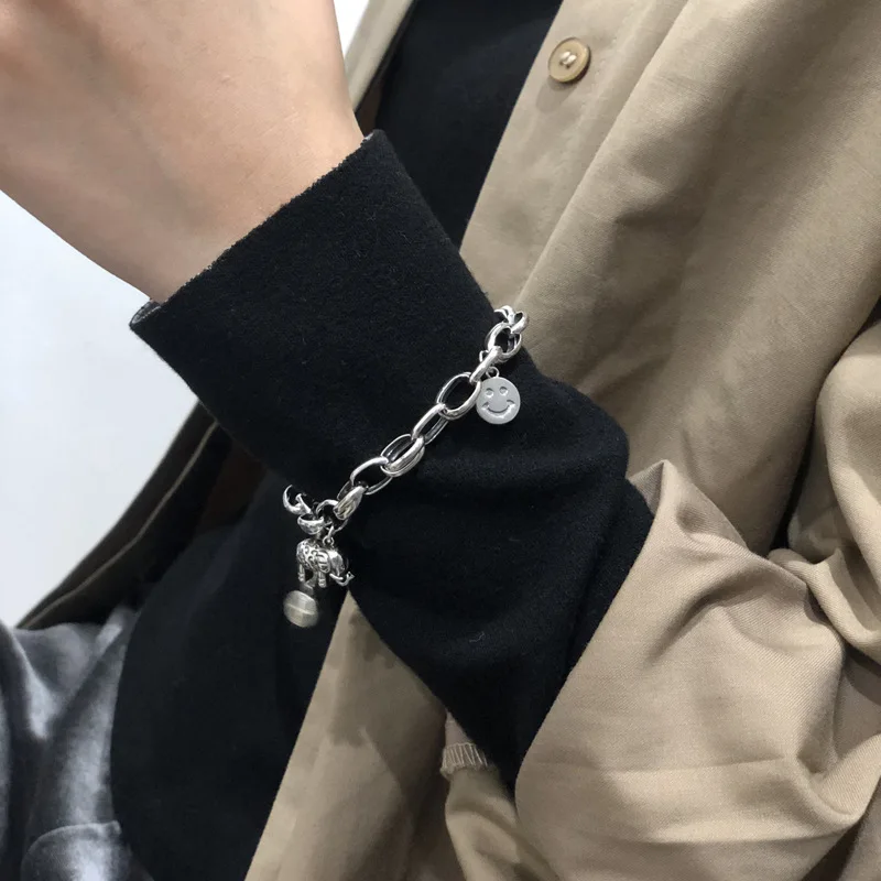 S925 Sterling Silver Elephant Smiley Face Bracelet, Vintage Retro Distressed Finish, Niche Ins Style Unisex Charm Jewelry