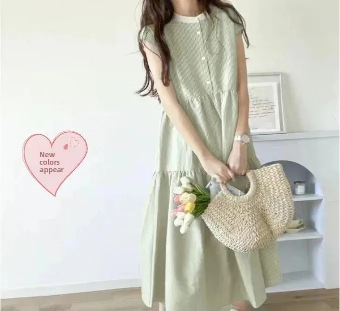 Sweet Striped Sleeveless round Neck Midi Dress Korean Style Cross-Border Summer Dress Polyester Fiber Empire Waist Knee-Length