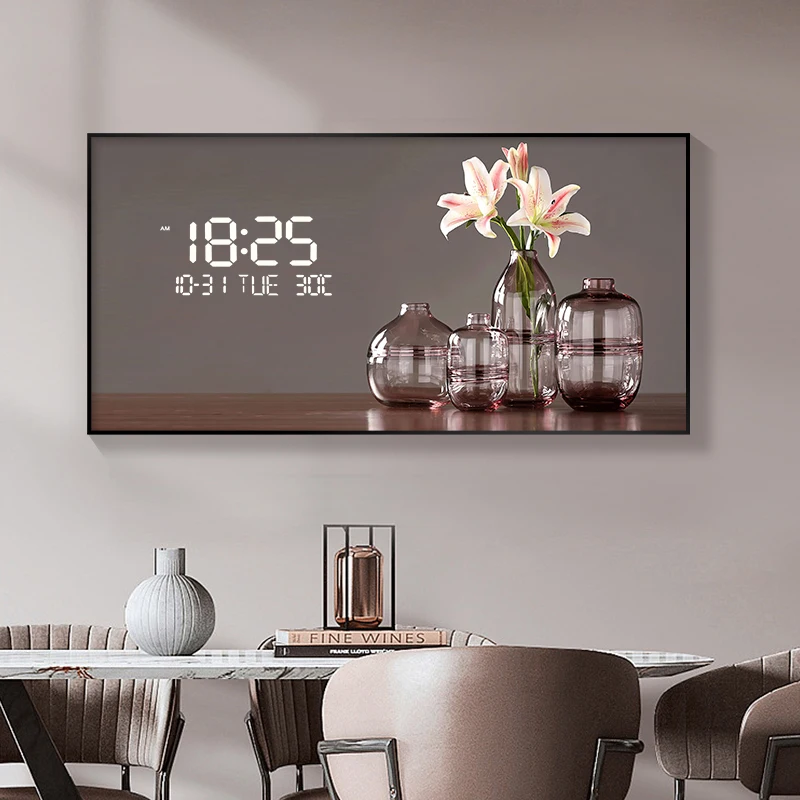Large Size Flower Pattern Digital Wall Clock with LED Light,Creative Luxurious Muted Quartz Wall Clock for Home Decoration