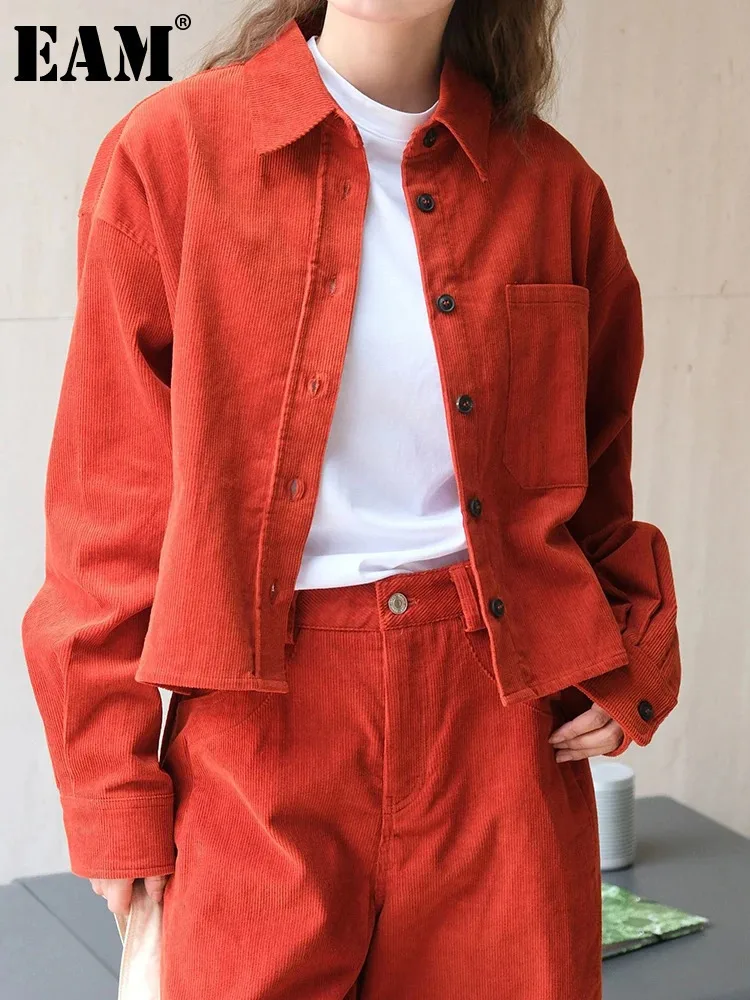 

[EAM] Women Orange Big Size Corduroy Short Vintage Blouse New Lapel Long Sleeve Shirt Fashion Tide Spring Autumn 2024 1DH6817