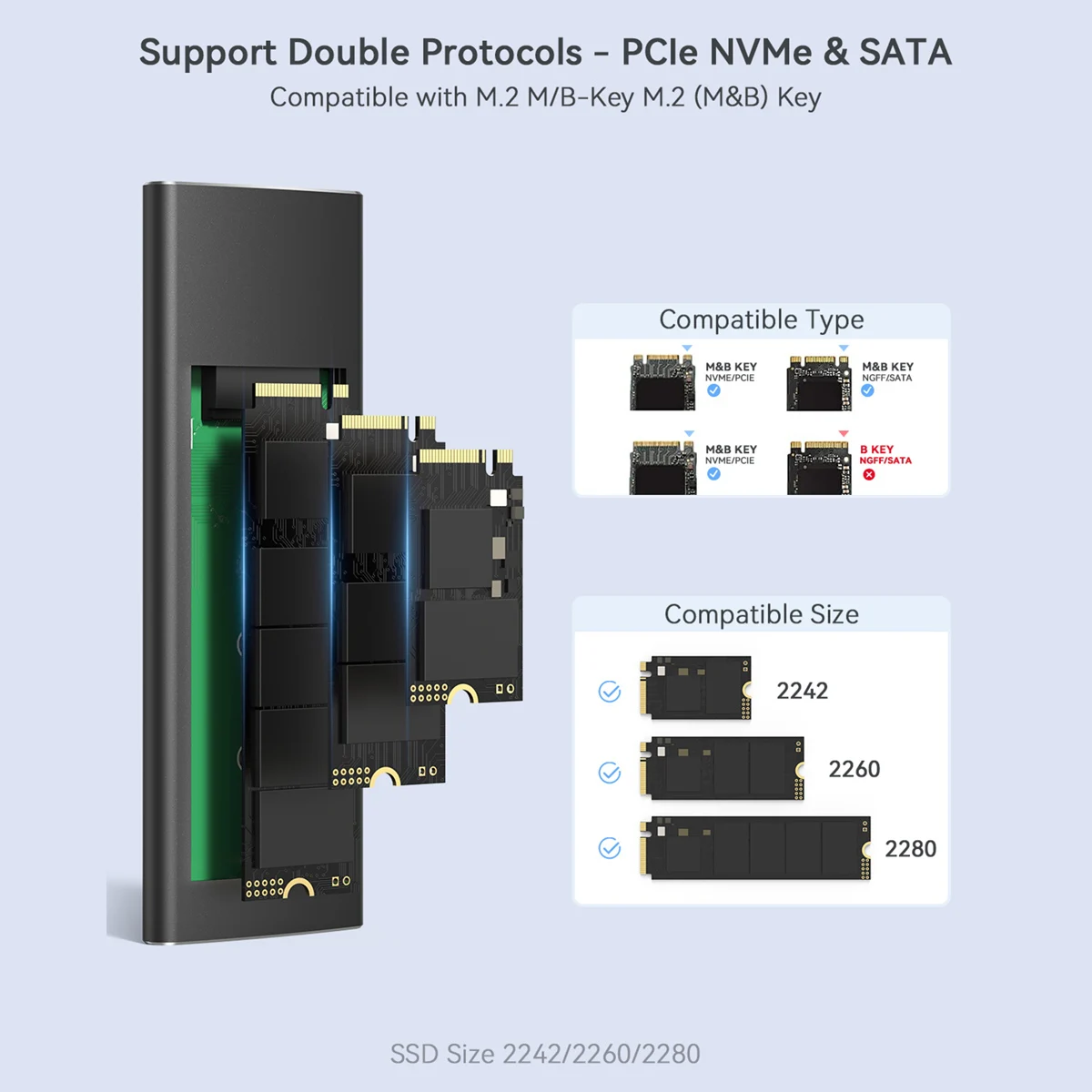 KOOTION-M.2 Caso SSD, Caixa de Disco Rígido, Portátil, NVME, SATA, USB 3.1, Tipo C, Caixa de Disco Rígido Externo, 10Gbps, Caixa de Armazenamento de