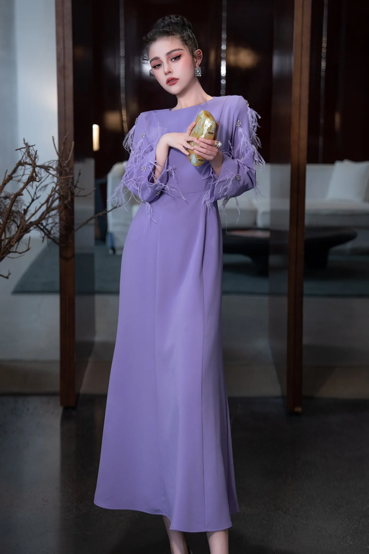 ZJYT Elegant Women\'s Long Evening Party Dresses 2025 Spring Designer Feathers Beading Maxi Purple Dress Female Vestidos Robe