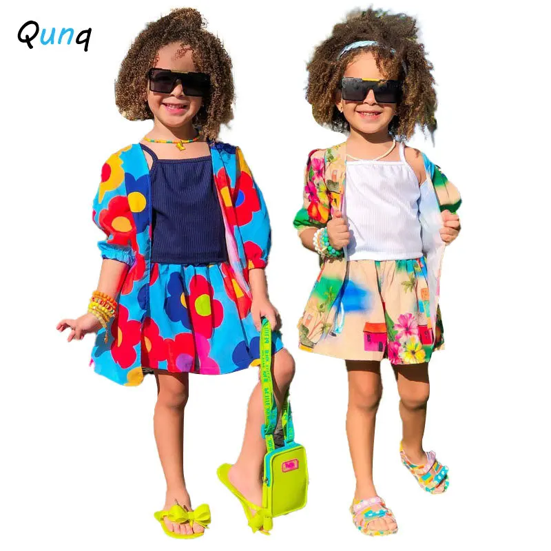 Qunq Spring Summer Girls Solid Vest Top + Print Short Sleeve Cardigan Coat And Skirt 3 Pieces Set Casual Kids Clothes Age 3T-8T