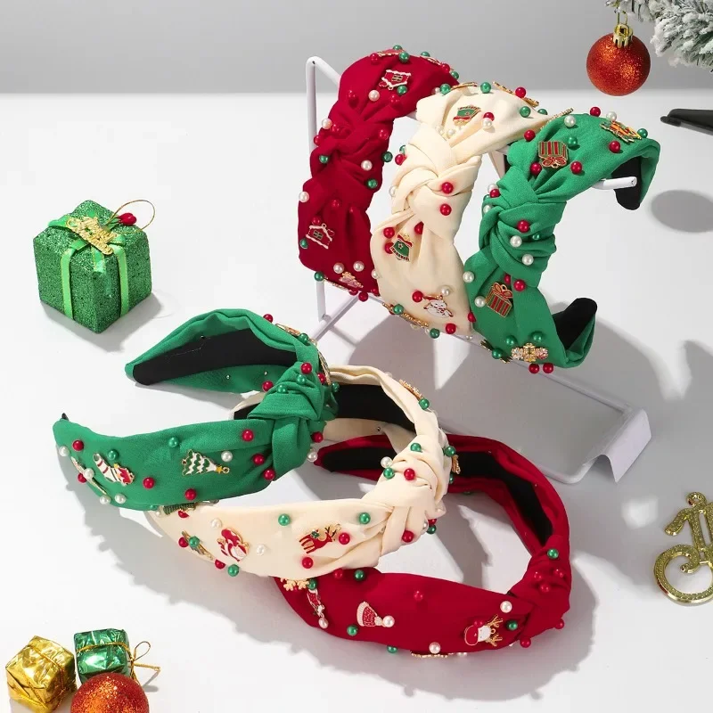 

Sweet Diamond Pearl Candy Knot Wide Edge Christmas Headband for Women Holiday New Year Party Hair Accessory
