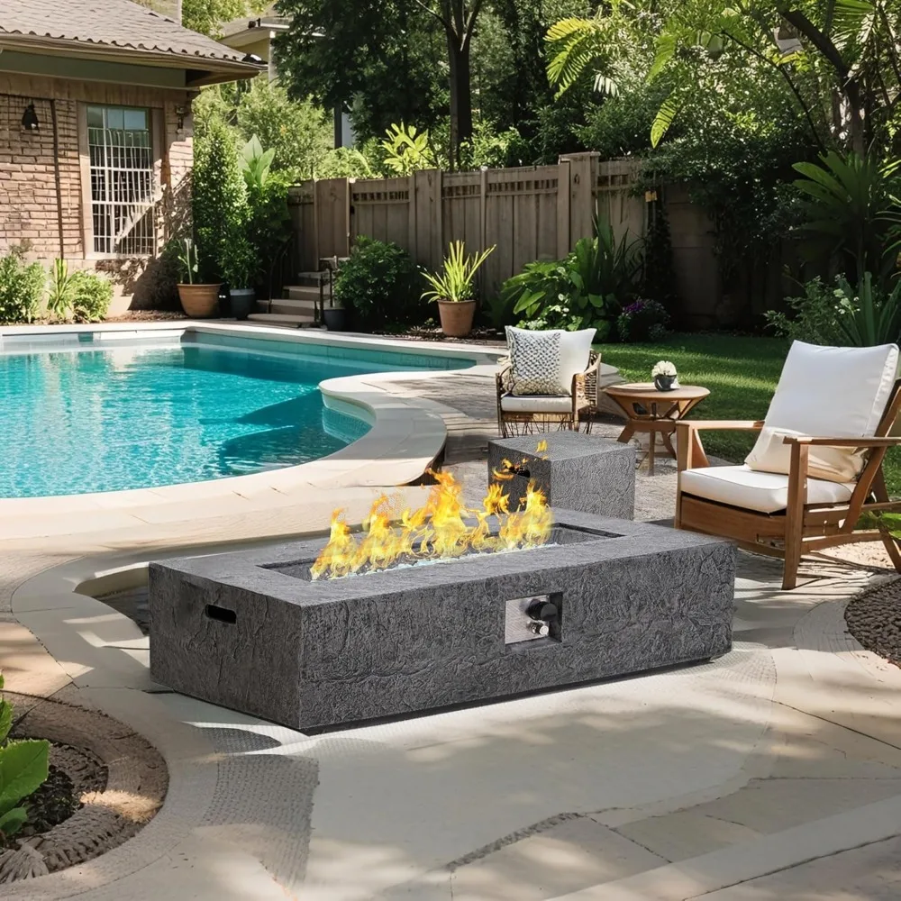 

2-Piece Propane Fire Pit Table Set w Tank Table, 48-Inch Outdoor Gas Fire Table 50,000BTU, Rectangle Firepit for Patio, Garden,