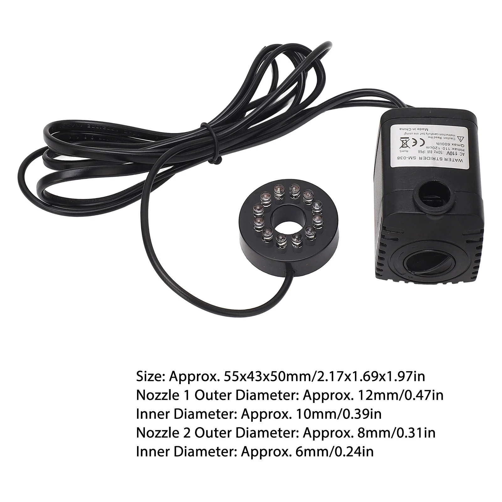 Submersible Pump 8W 600LPH IP68 Ultra Quiet Fountain Water Pump with Colorful LED Light for Pond Aquarium Fish Tank 110V US Plug