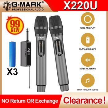 99 New, G-MARK Party u Wireless Microphone UHF Handheld Karaoke Mic Recording 2 Channels Lithium Battery 30m for Party DJ School