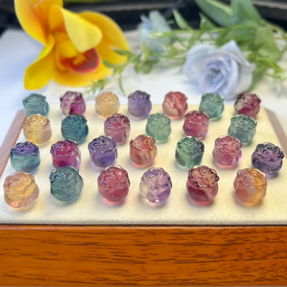 10pcs/Lot Natural Rainbow Fluorite Carvings Rose Flower Mini Crystal Carving Crystals and Stones Healing Home Decor Gemstones