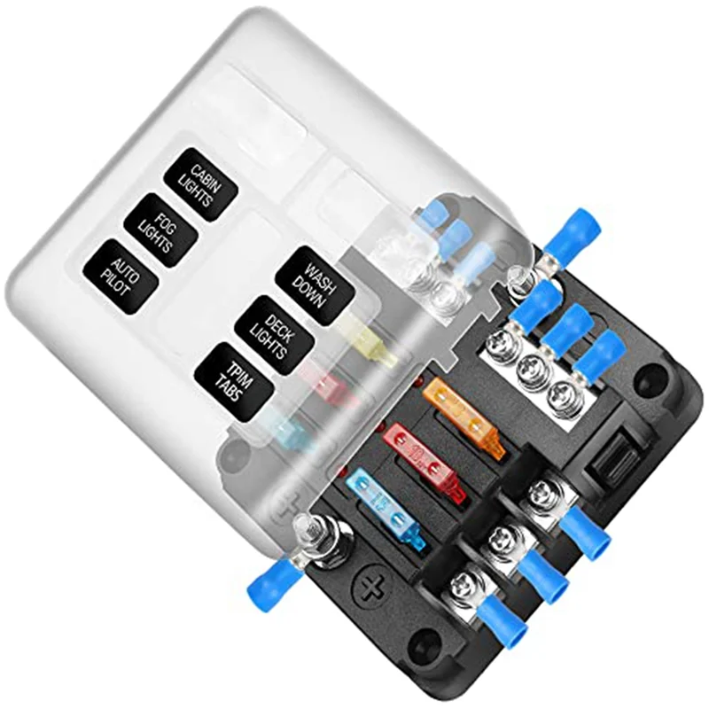 Bloco de fusíveis impermeável com indicador LED, caixa de fusíveis marinhos negativos para carro, barco, RV, caminhão, 6 Way, DC 12-24V
