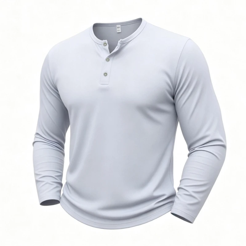 Fitness Men's Long Sleeve Henley Neck T Shirts Autumn Solid Color Male Tops Slim Fit Button Neck Casual Cozy Tshirt Streetwear