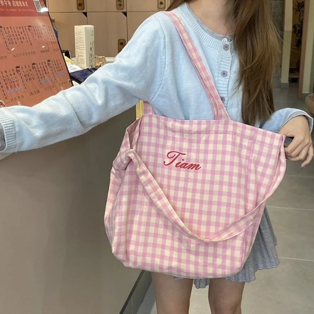 

Fashion Letter Plaid Shoulder Bag Light Weight Korean Style Canvas Tote Bag Purse Candy Color Large Capacity Crossbody Bag Daily