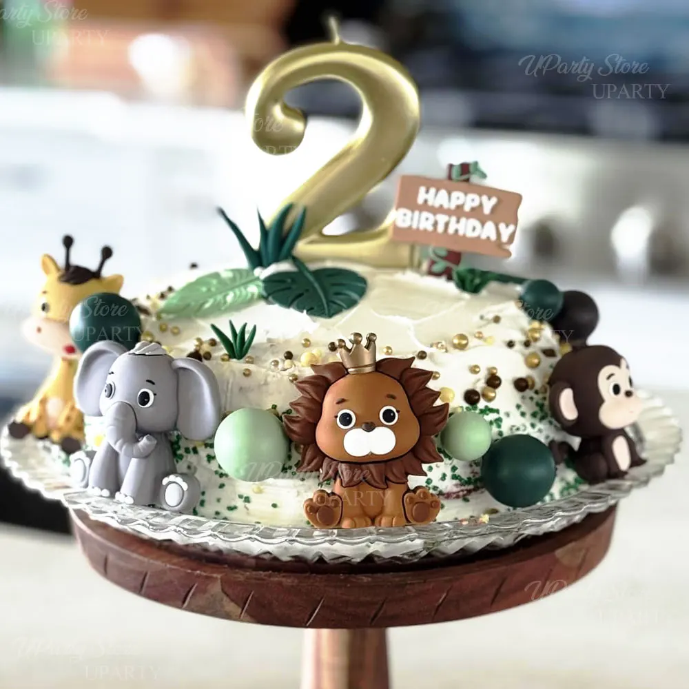Kuchenaufsatz mit Safari-Tieren, grüne Blätter, Dschungeltiere, alles Gute zum Geburtstag, Kuchenaufsatz für Wild One, Geburtstag, Babyparty, Kuchendekoration – Detail 3