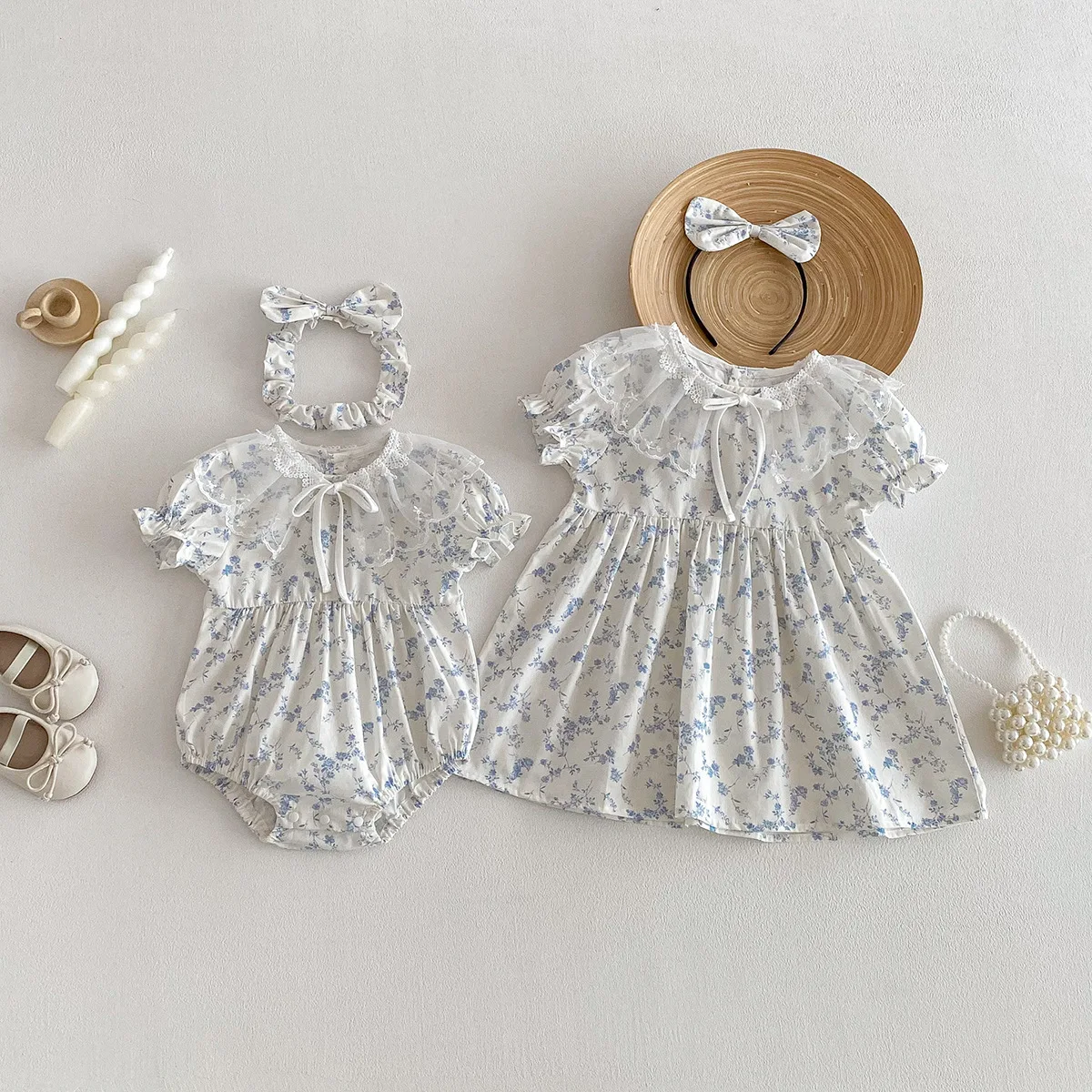 Baby Sibling Matching Outfits Lace Collar Romper Princess Dress Korean Chic Sister Wear Daily Photo Casual Soft Holiday Apparel