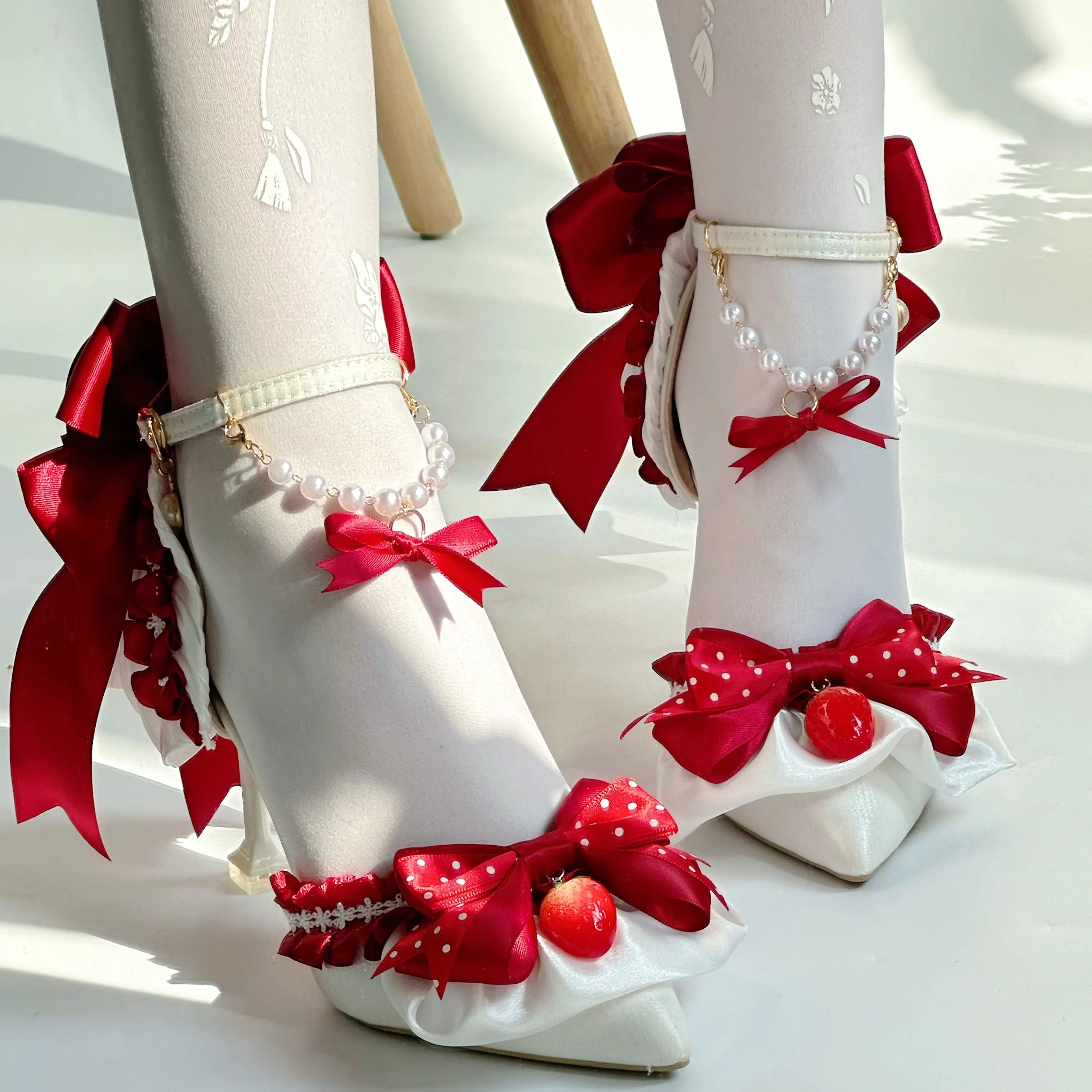 Sweet Lolita Strawberry High Heels Red Bow Pearl Ankle Strap Stiletto Shoes Cream Cake Themed Women's Heels