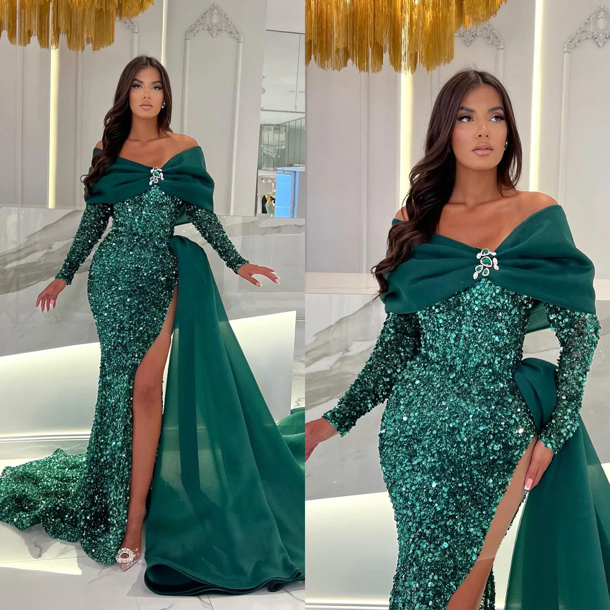 

Glamorous Evening Dresses Formal Occasion Gowns Off Shoulder Long Sleeve Shining Sequined Side Split Prom Dress Vestido De Noite