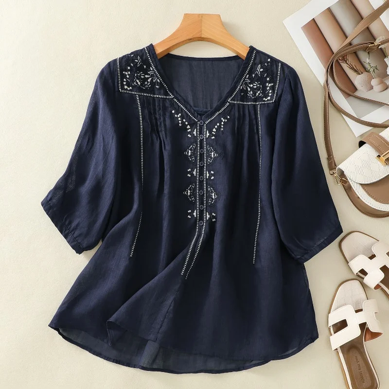 Cotton Linen Vintage Women\'s Shirt Summer Embroidery Clothing Sales Loose Short Sleeve Korean Tops Chinese Style Women Blouses