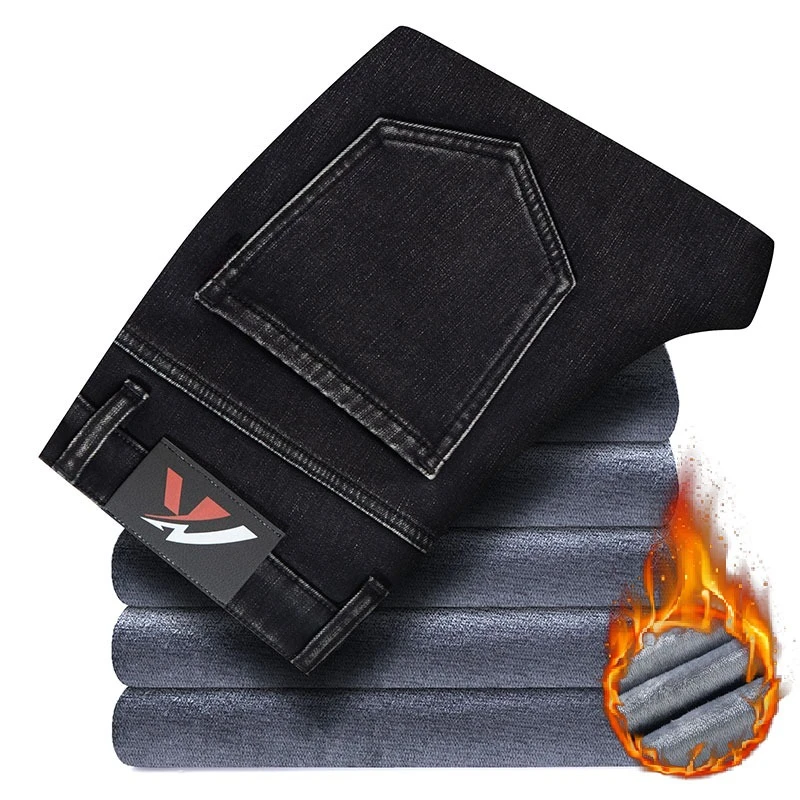 

Зимние модные мужские джинсы, утепленные флисовые теплые прямые черные джинсовые брюки, эластичные тонкие деловые повседневные брюки на бархатной подкладке