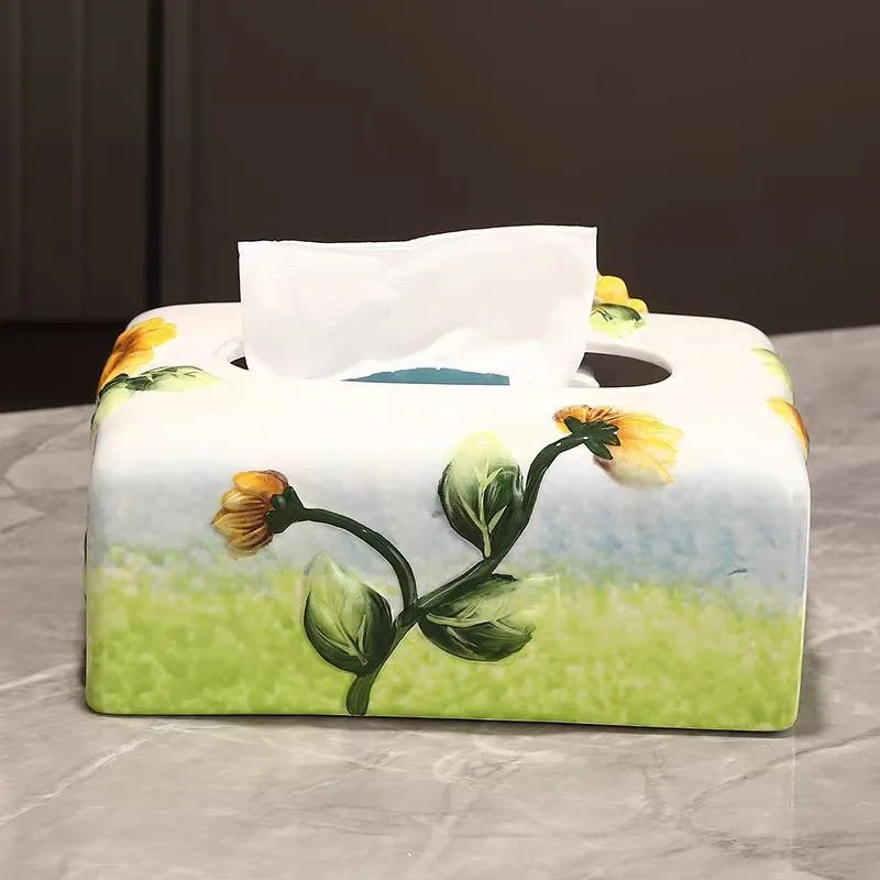 صندوق مناديل سيراميك عباد الشمس على الطراز الأوروبي الجديد، صندوق ورقي لتزيين طاولة القهوة المنزلية #3