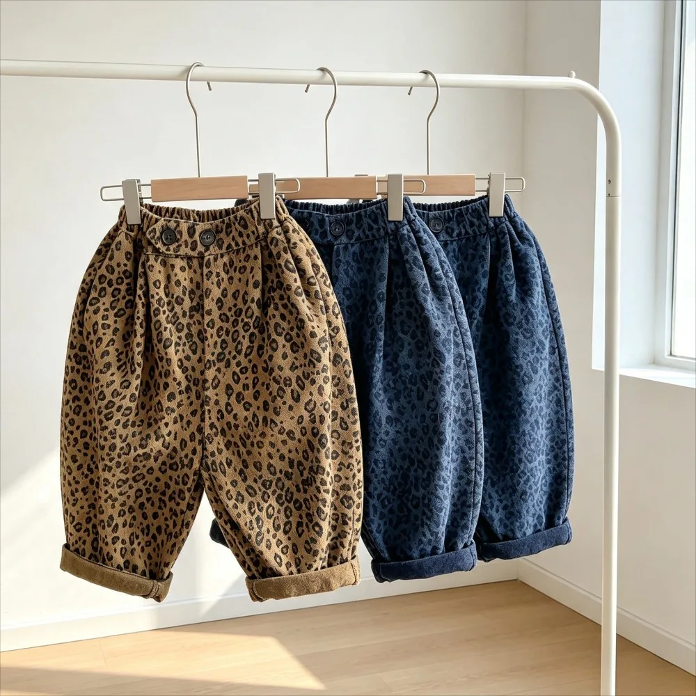 School Kids Leopard Print Wide Leg Pants Loose Trousers Button Waist Boys Girls Casual Stylish Autumn Long Bottoms Harem Pants
