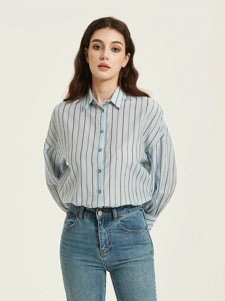 SuyaDream Women Striped Shirts Drop Sleeves Loose Chic Blouses 30%Silk 70%Cotton 2023 Spring Summer Printed Top Light Blue