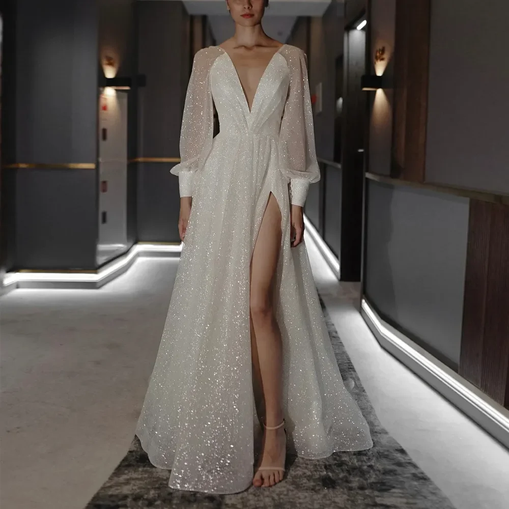 Glittler Bohemian A Line Wedding Dresses Deep V Neck Long Sleeve Bridal Gown High Side Split Vestidos De Mariage Customized