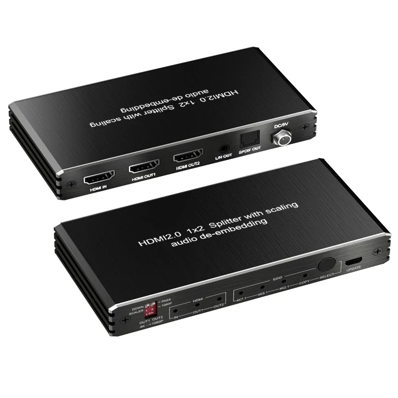 

In stockHDMI 2.0 4K@60HZ Splitteer 1 in 2 Out 8bit 4:4:4 HDR SPDIF Optical Audio Scaler Output