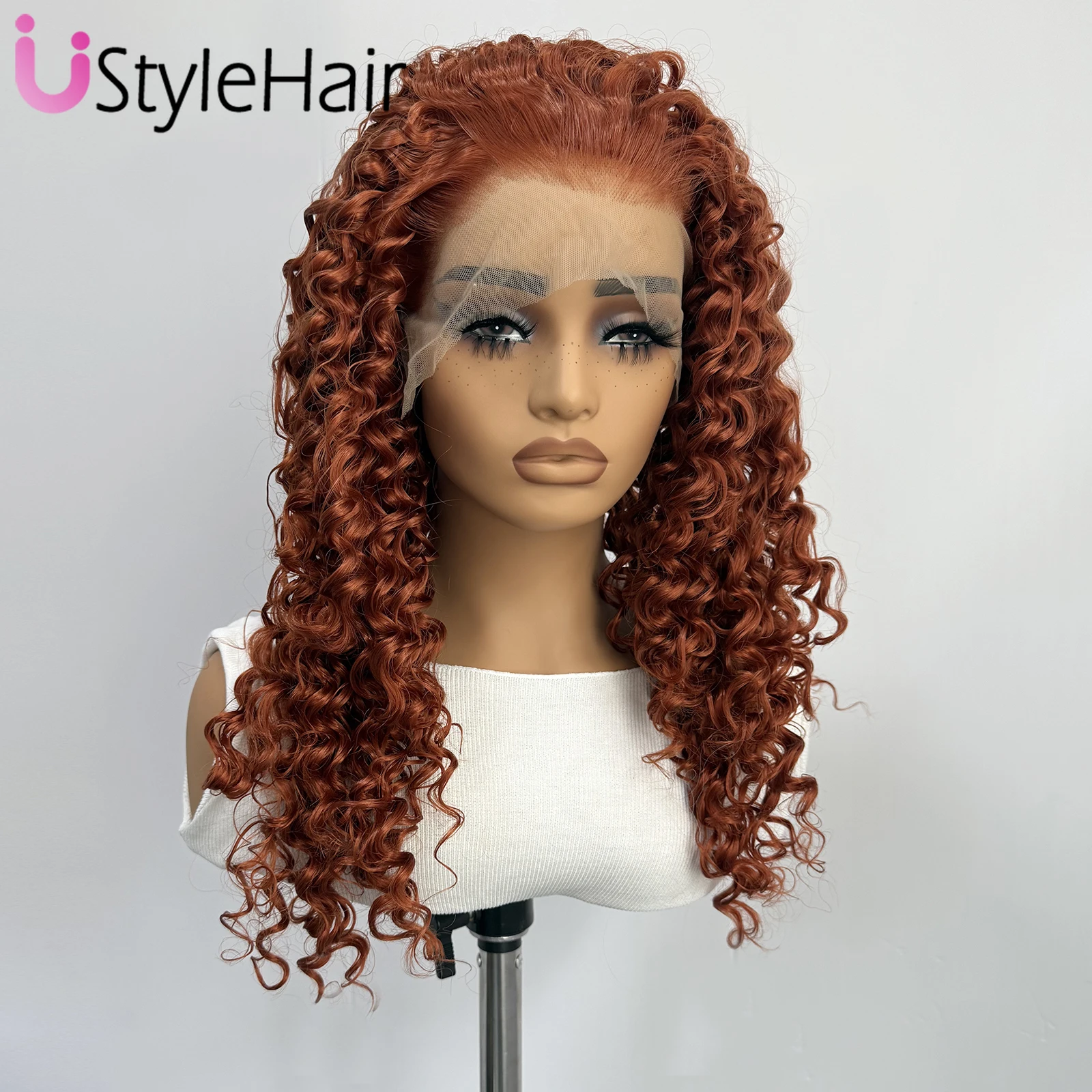 UStyleHair Wig Keriting Panjang Merah Tembaga 13X4 Wig Depan Renda Sintetis Tanpa Lem untuk Wanita Cosplay Pakaian Sehari-hari Serat Tahan Panas