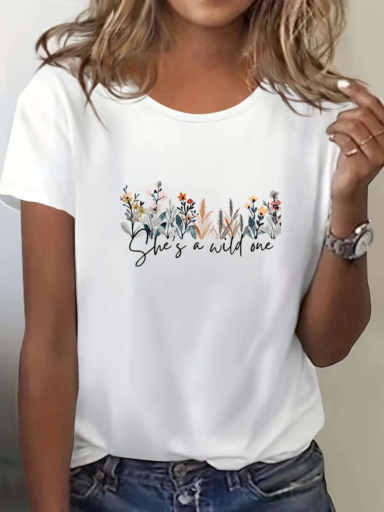 Women's Casual Short Sleeve Crew Neck T-Shirt - Vibrant Blue Floral & Graphic Print with She's Wild at Heart Quote