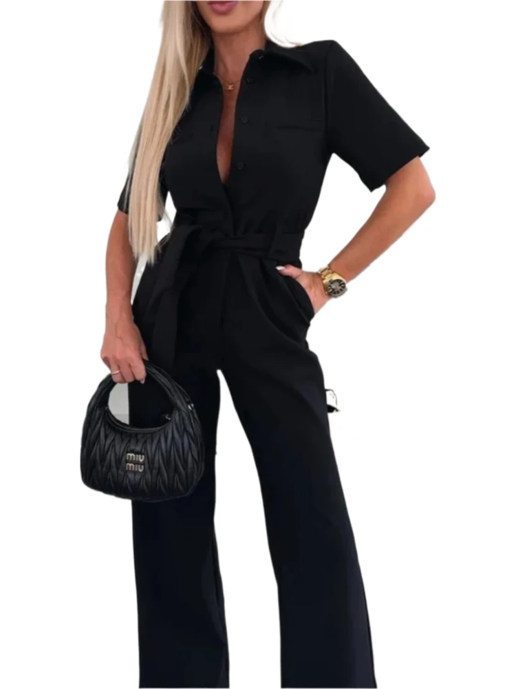 

Summer Women Jumpsuits Elegant Office Lady Jumpsuit New Spring Solid Color Belt Short Sleeve Casual Overalls Wide Leg Pants