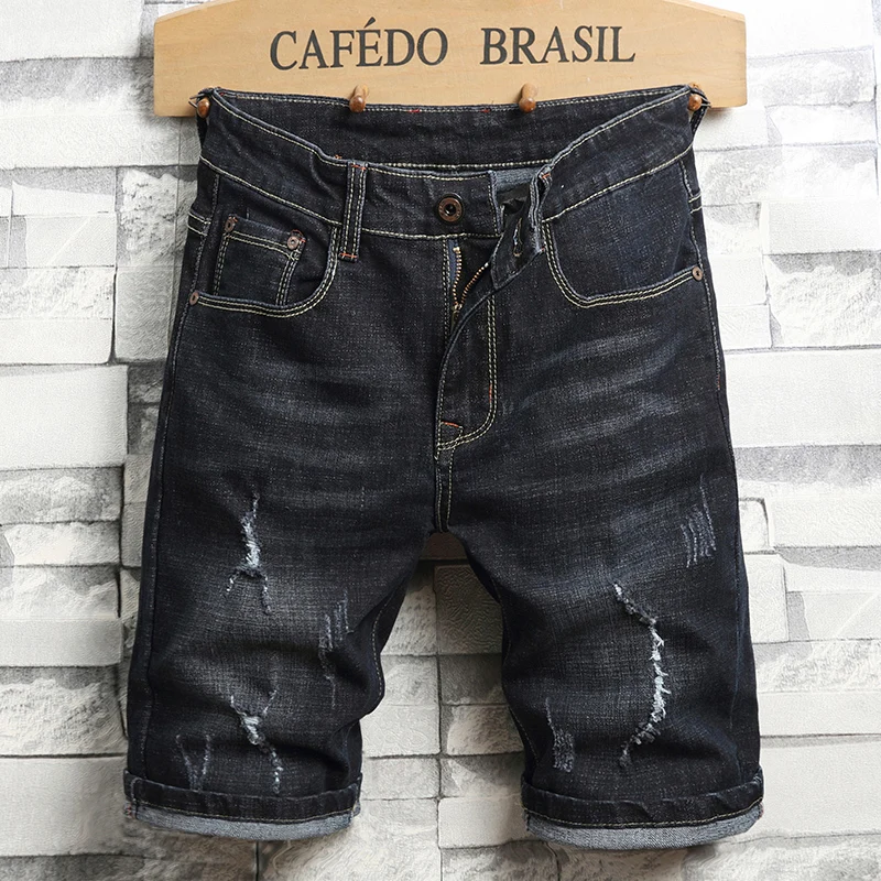 2021 Summer New Men's Fashion Stretch Slim Short Jeans Men's Thin Denim Shorts Blue Black Brand Menswear